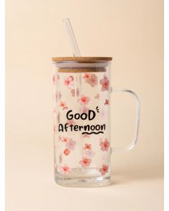 مج زجاج شفاف مع مصاصة وغطا خشب – تصميم ورد “Good Afternoon”