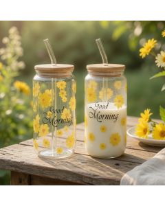 مج زجاج مع مصاصة وغطا – تصميم ورود Good Morning