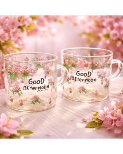 فنجان قهوة زجاج بنقشة ورد GOOD AFTERNOON