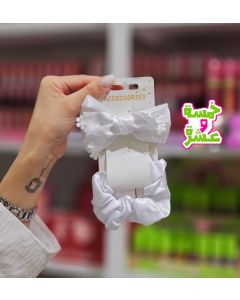 طقم بكل ربطات شعر فيونكة ساتان مع ربطة – ابيض