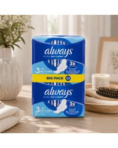 فوط الويز صحية Always Ultra Day & Night بالأجنحة – مقاس 3 كبير (22 فوطة)